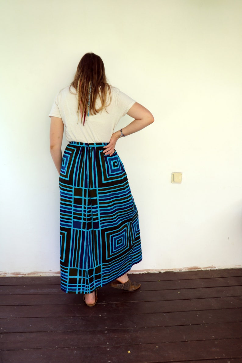 Geometric Skirt, Vintage 70s Boho Hippie Maxi High Waist A Line Striped Squared Blue Brown Cotton Hippy Dress 1970s// S image 5