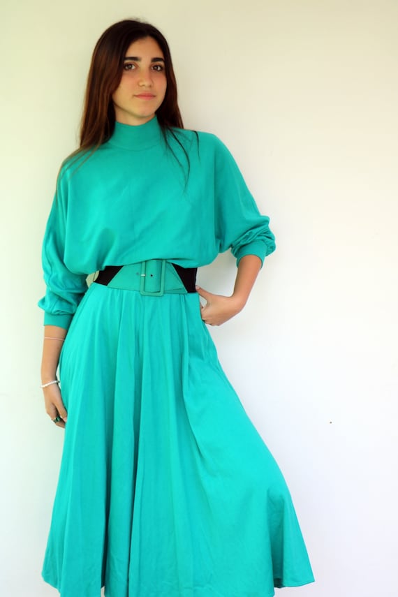 80s Hearts Green Mockneck  Dress , Vintage 1980s … - image 2