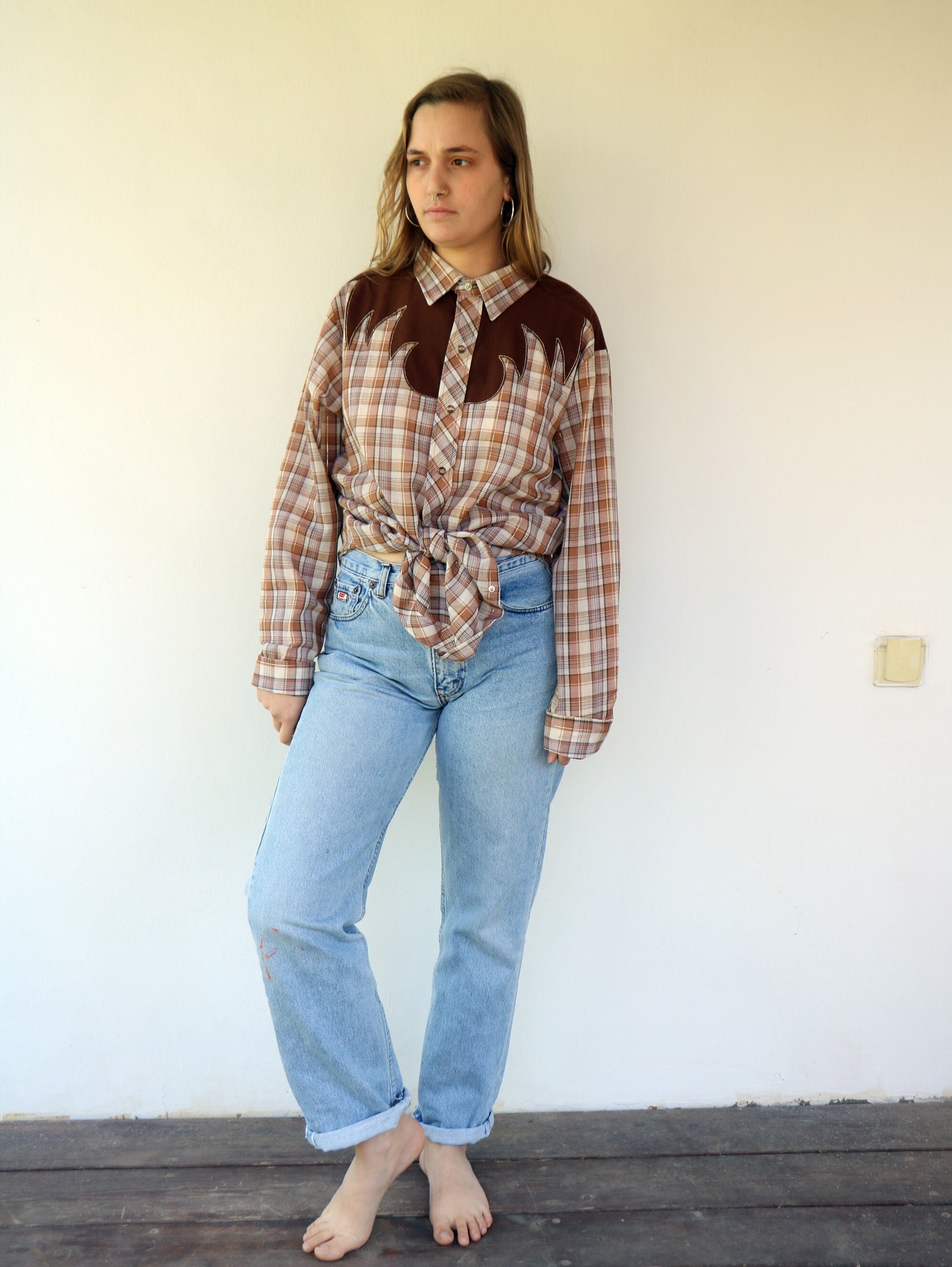 Dee Cee Rangers Blouse Vintage 70s 80s Plaid Brown Gold - Etsy