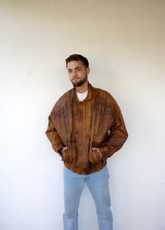 Vintage 90s Brown Leather Bomber Jacket, Distressed Moto Biker