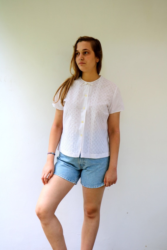 White Eyelet Blouse, Vintage 50s Lace Embroidered