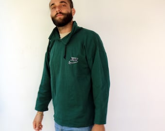 Felpa vintage anni '90 Nike verde con collo alto e logo ricamato // M L