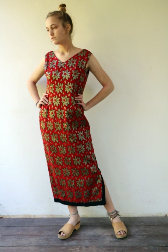 60s Glamour Dress, Vintage 1960s Floral Red and G… - image 1