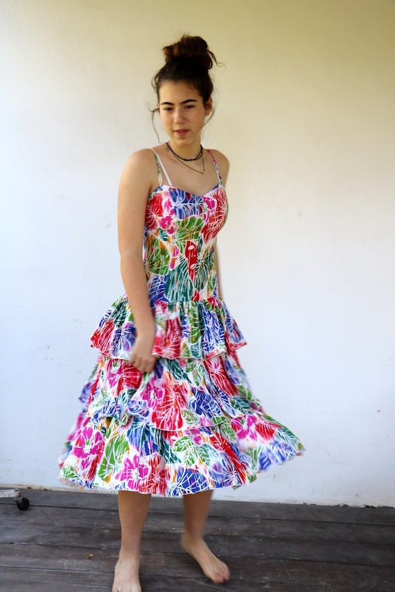 Vintage 80s Floral Tiered Sundress, Colorful Cotton Ruffle Summer Dress // XS/S