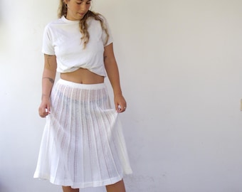 Vintage 70s White Crochet Knit Midi Skirt, High Waist Sheer Cotton Blend Skirt // S/M