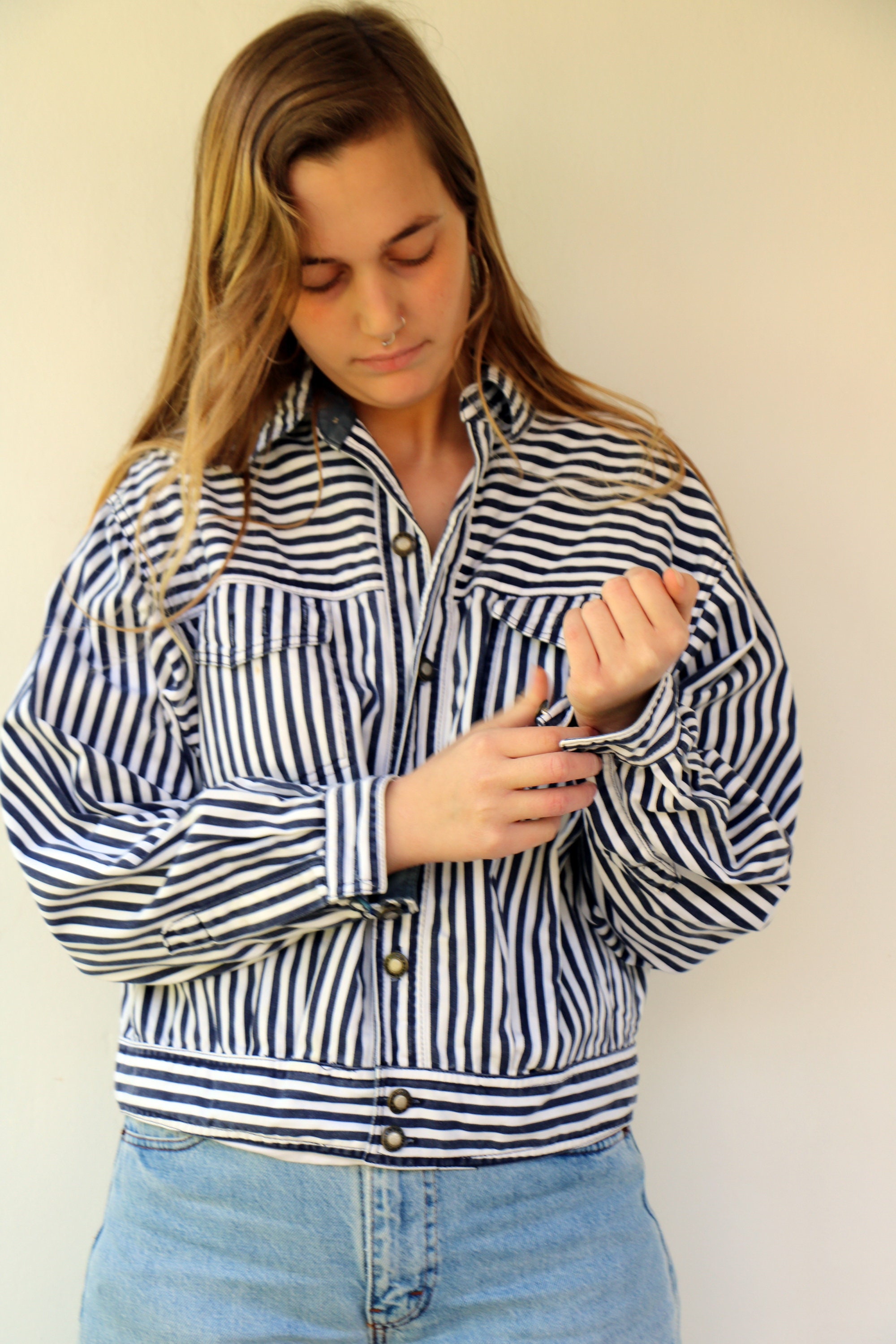 Striped Denim Jacket, Vintage 80s 90s Denim Jean Jacket Boho 