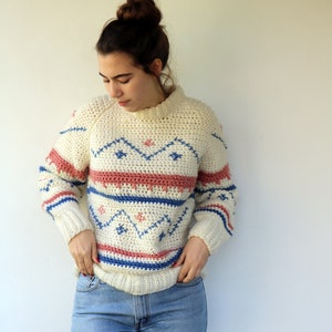 Hand Knit Chunky Sweater, Vintage 70s White Off White Boho Hippie Embroidered Striped Mock Neck knit Pullover Jumper // S/M image 6