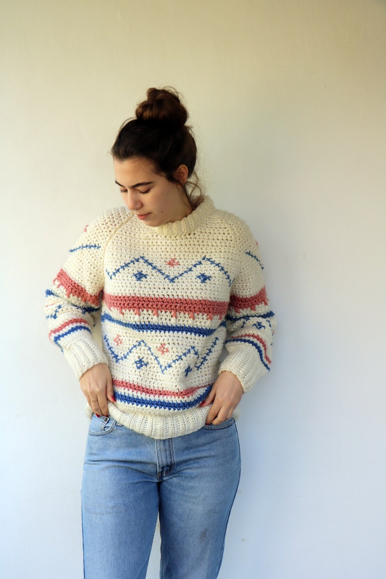 Hand Knit Chunky Sweater, Vintage 70s White Off White Boho Hippie Embroidered Striped Mock Neck knit Pullover Jumper // S/M image 6