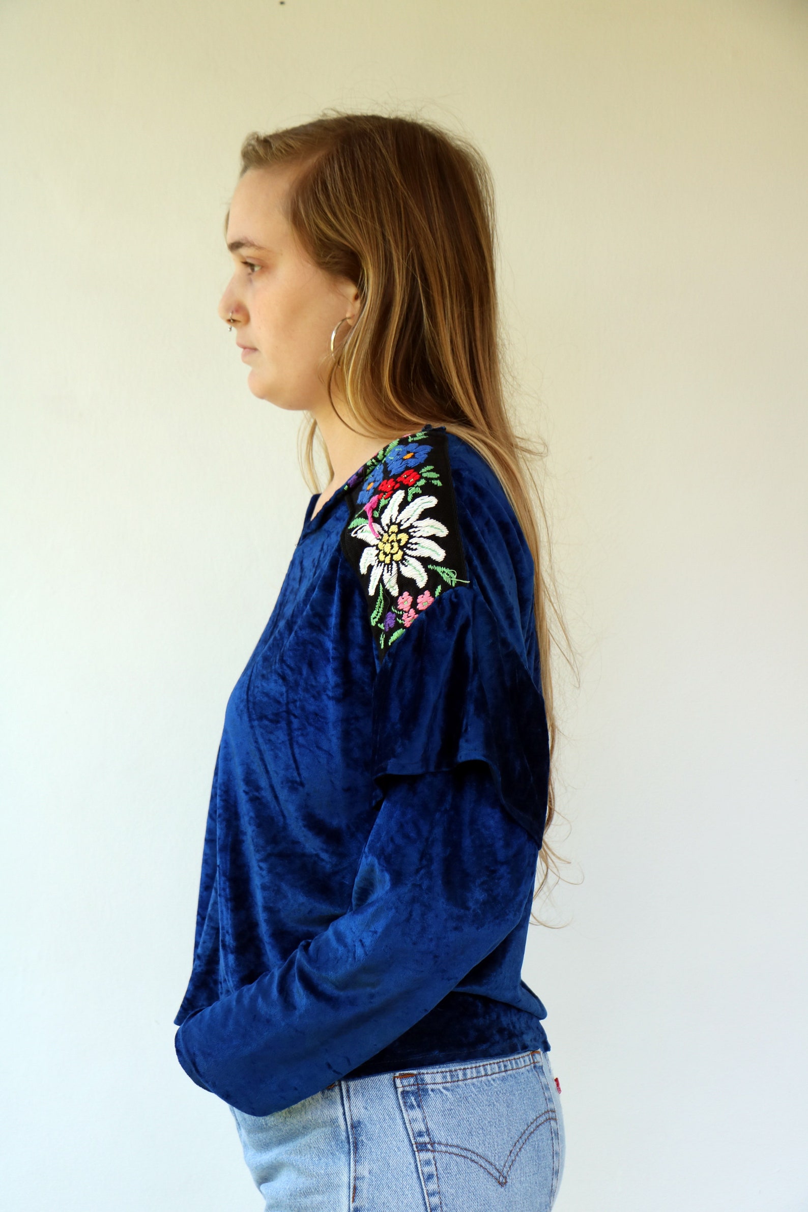 VINTAGE 70S 80S BLUE PURPLE BETTY BARCLAY VELVET PAISLEY PARTY BLOUSE JACKET M