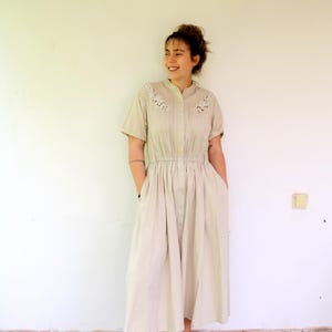 Vintage 80s 90s Cotton Midi Dress Beige Cutwork Embroidered Shirtdress with Pockets // M
