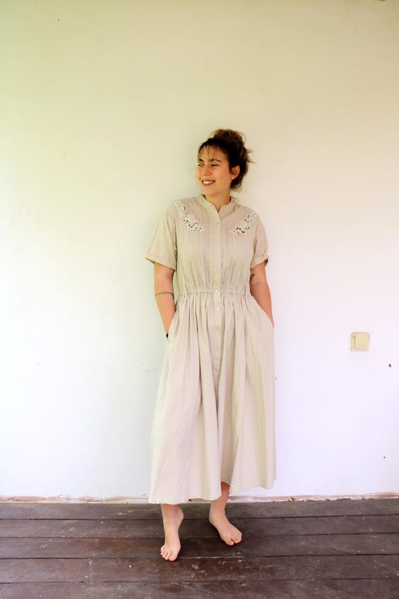 Vintage 80s Cotton Midi Shirtdress, Beige Embroidered Cutwork Dress With  Pockets // M - Etsy Israel