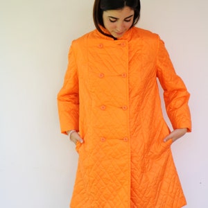 Quilted Coat, Vintage 50s 60s Boho Hippie Orange Puffer Hippy Lady Utex Mod Double Breast Coat Dress The Aristocrat of Fashion 1960s // O.S image 3