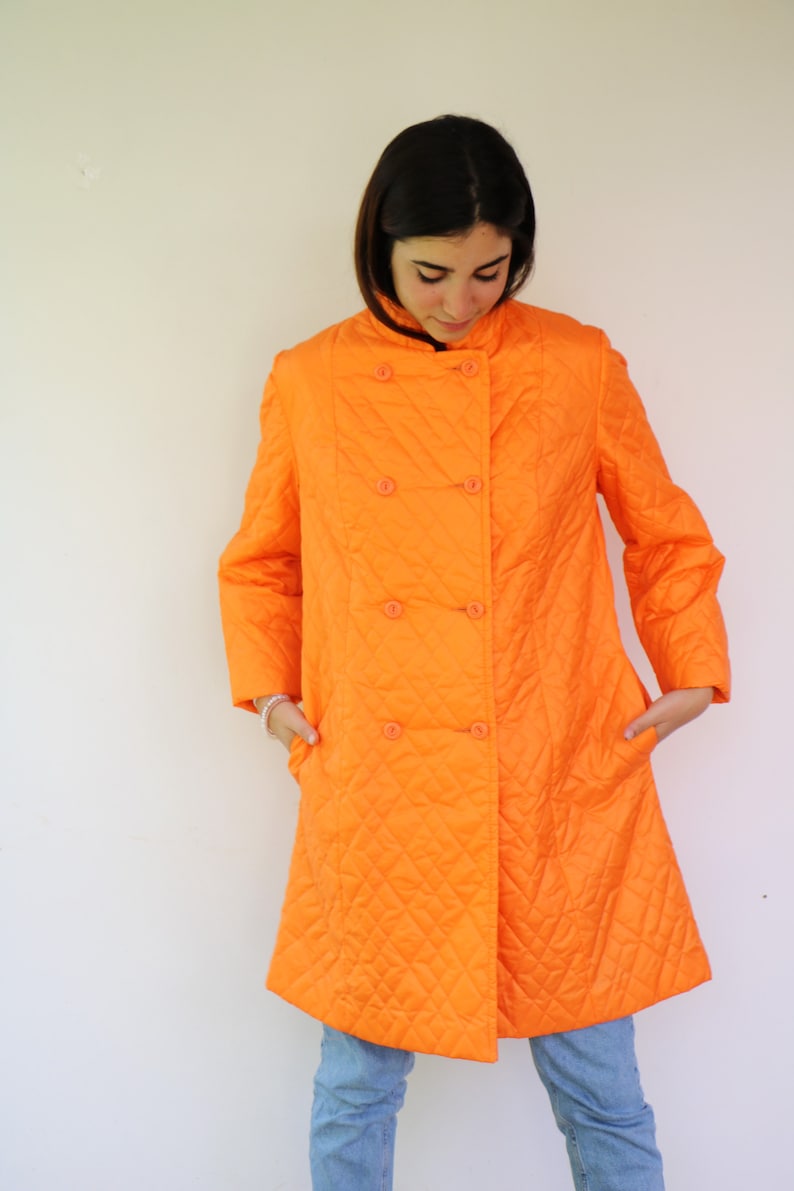 Quilted Coat, Vintage 50s 60s Boho Hippie Orange Puffer Hippy Lady Utex Mod Double Breast Coat Dress The Aristocrat of Fashion 1960s // O.S image 3