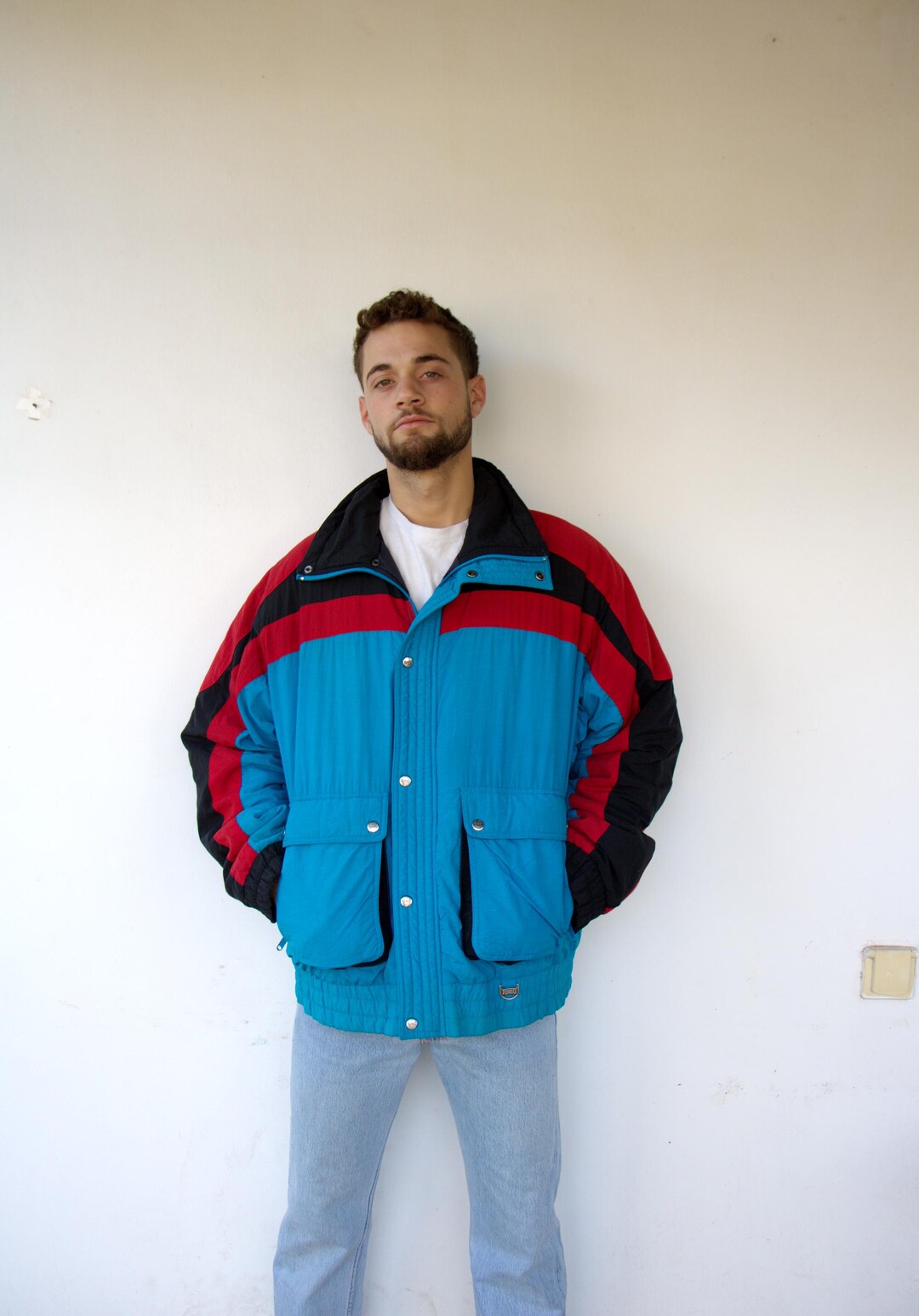 Vintage 80s Colorblock Ski Jacket, Blue Red Black Puffer Windbreaker ...