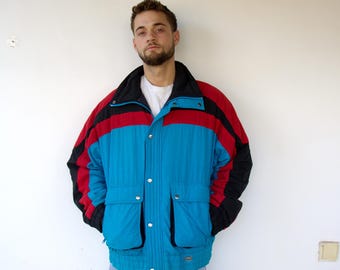 Vintage 80s Colorblock Ski Jacket, Blue Red Black Puffer Windbreaker Coat Rodeo C&A // L XL