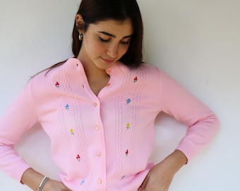 Floral Embroidered Knit Cardigan, Vintage 60s 1960s Boho Hippie Pink Sweater Hippy Cottagecore // S