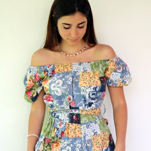 Vintage 80s Off Shoulder Patchwork Dress, Boho Floral Ruffle Belted Midi Summer Hippie // M
