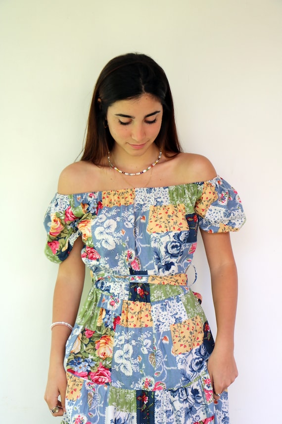 Vintage 80s Off Shoulder Patchwork Dress, Boho Fl… - image 1