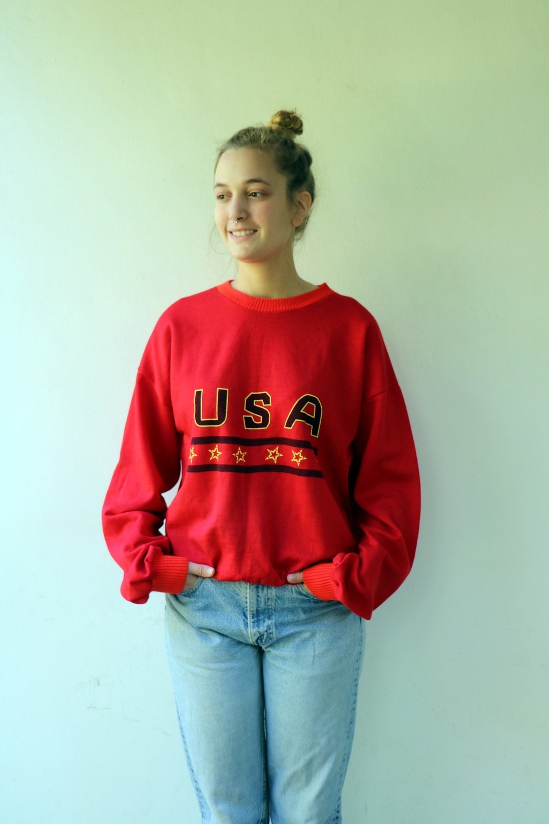 Vintage Red Sweatshirt 70s USA America Crewneck Sweater - Etsy