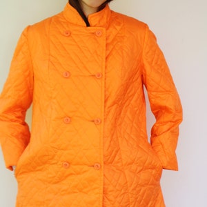 Quilted Coat, Vintage 50s 60s Boho Hippie Orange Puffer Hippy Lady Utex Mod Double Breast Coat Dress The Aristocrat of Fashion 1960s // O.S image 6