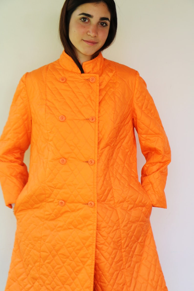 Quilted Coat, Vintage 50s 60s Boho Hippie Orange Puffer Hippy Lady Utex Mod Double Breast Coat Dress The Aristocrat of Fashion 1960s // O.S image 6