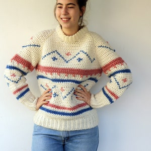 Hand Knit Chunky Sweater, Vintage 70s White Off White Boho Hippie Embroidered Striped Mock Neck knit Pullover Jumper // S/M image 9