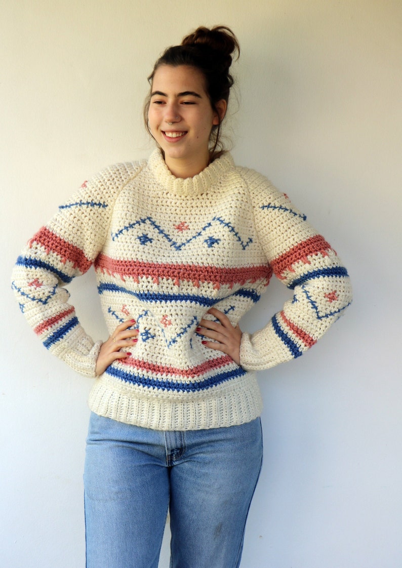 Hand Knit Chunky Sweater, Vintage 70s White Off White Boho Hippie Embroidered Striped Mock Neck knit Pullover Jumper // S/M image 9