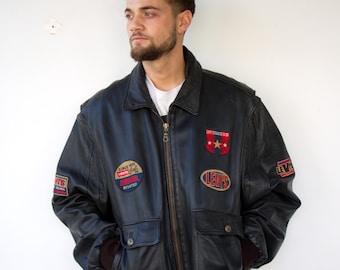 Vintage 90s Levi's Leather Bomber Jacket Patch Logo Flight Jacket