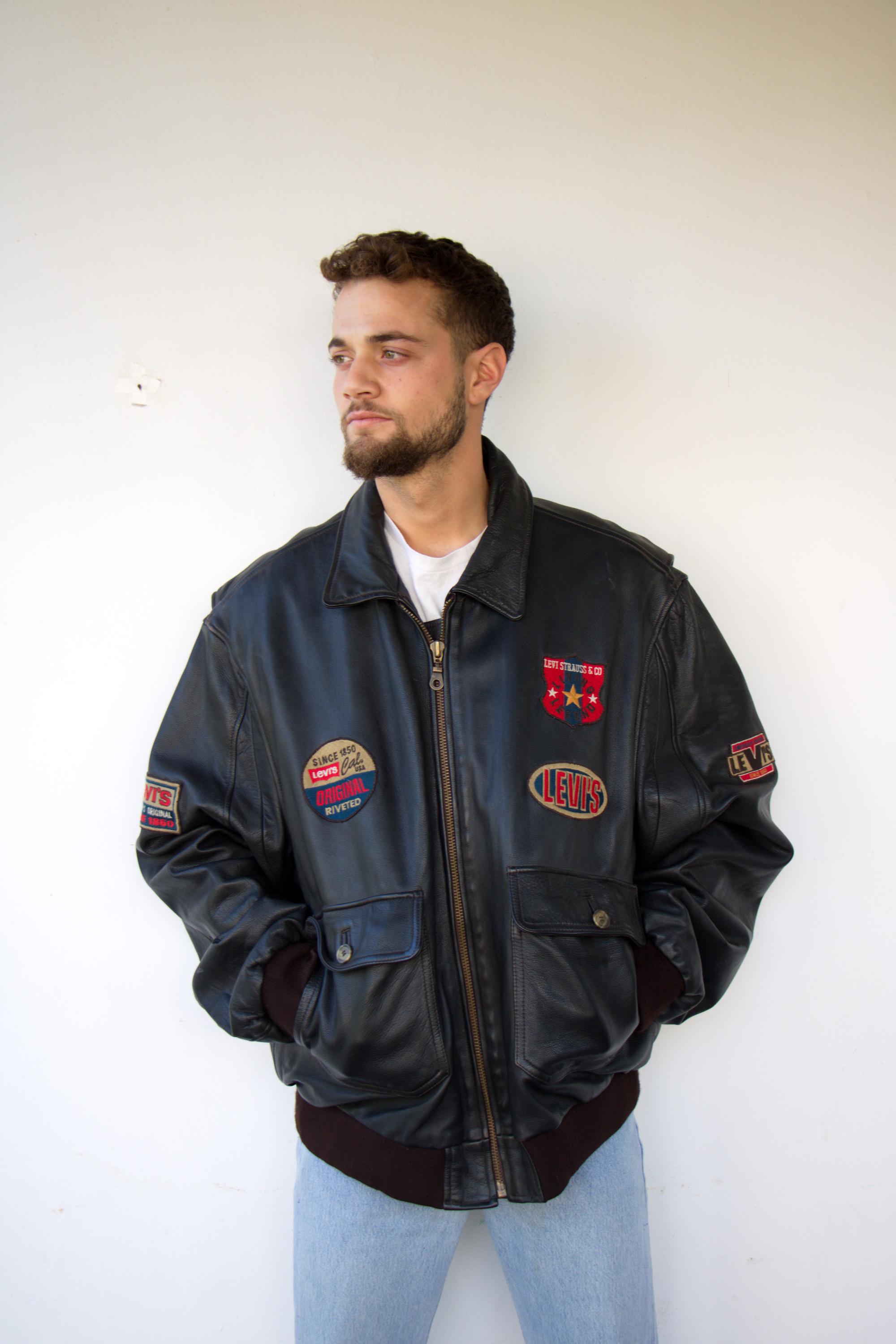 Vintage 90s Levi's Leather Bomber Jacket, Black Brown Oversized