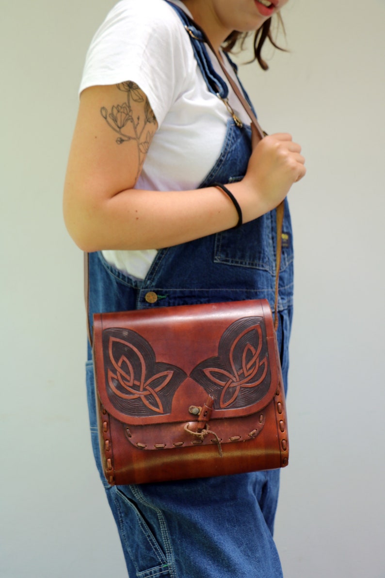 Tooled Leather Bag , Vintage 70s Handmade Brown Boho Hippie Celtic Handbag Shoulder Messenger Hippy 1970s image 1