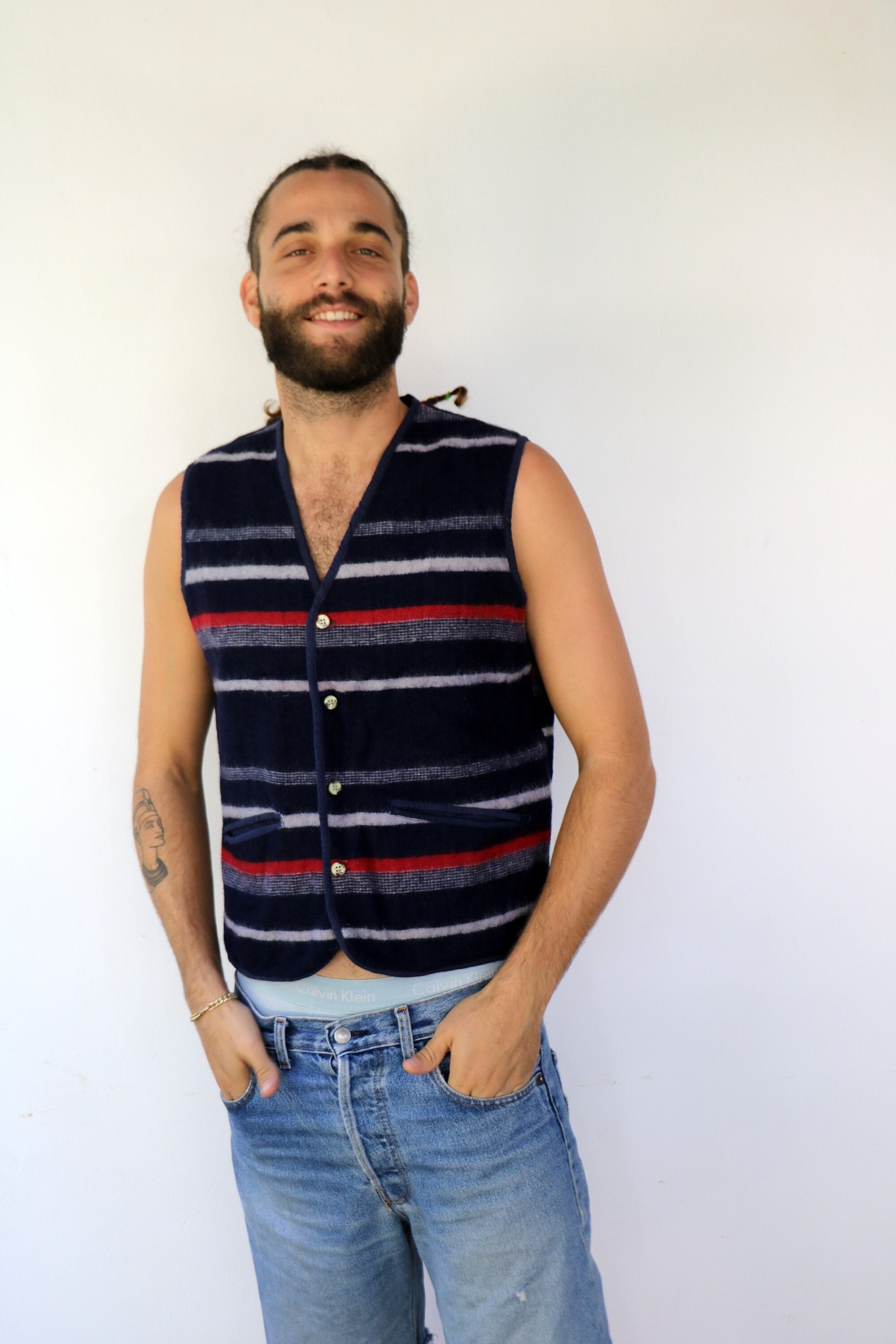 Vintage 80s Striped Vest, Navy Red Western Boho Unisex Button