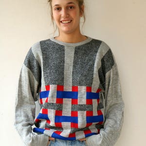Vintage 70s Geometric Knit Sweater, Gray Red Blue Square Pattern Acrylic Pullover Unisex // M