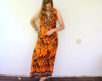 Tropical 1960s Set Maxi Skirt and Top, Vintage 60s Two Piece Set Boho Hippie Tank Dress Matching Suit Cotton Orange Hawaiian Summer // S