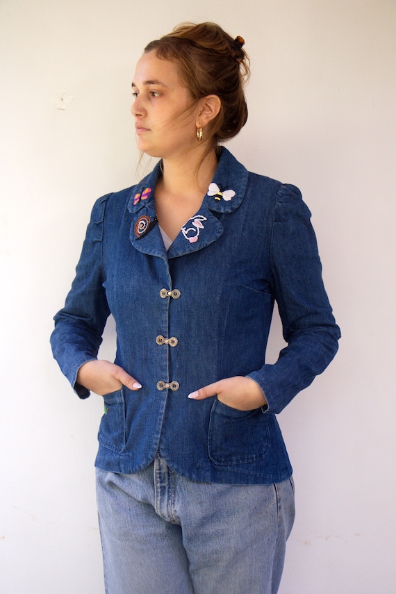 Vintage 70s Embroidered Denim Jacket Fitted Puff Sleeve Jean 