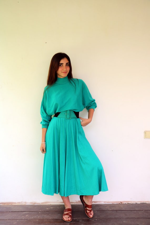 80s Hearts Green Mockneck  Dress , Vintage 1980s … - image 3