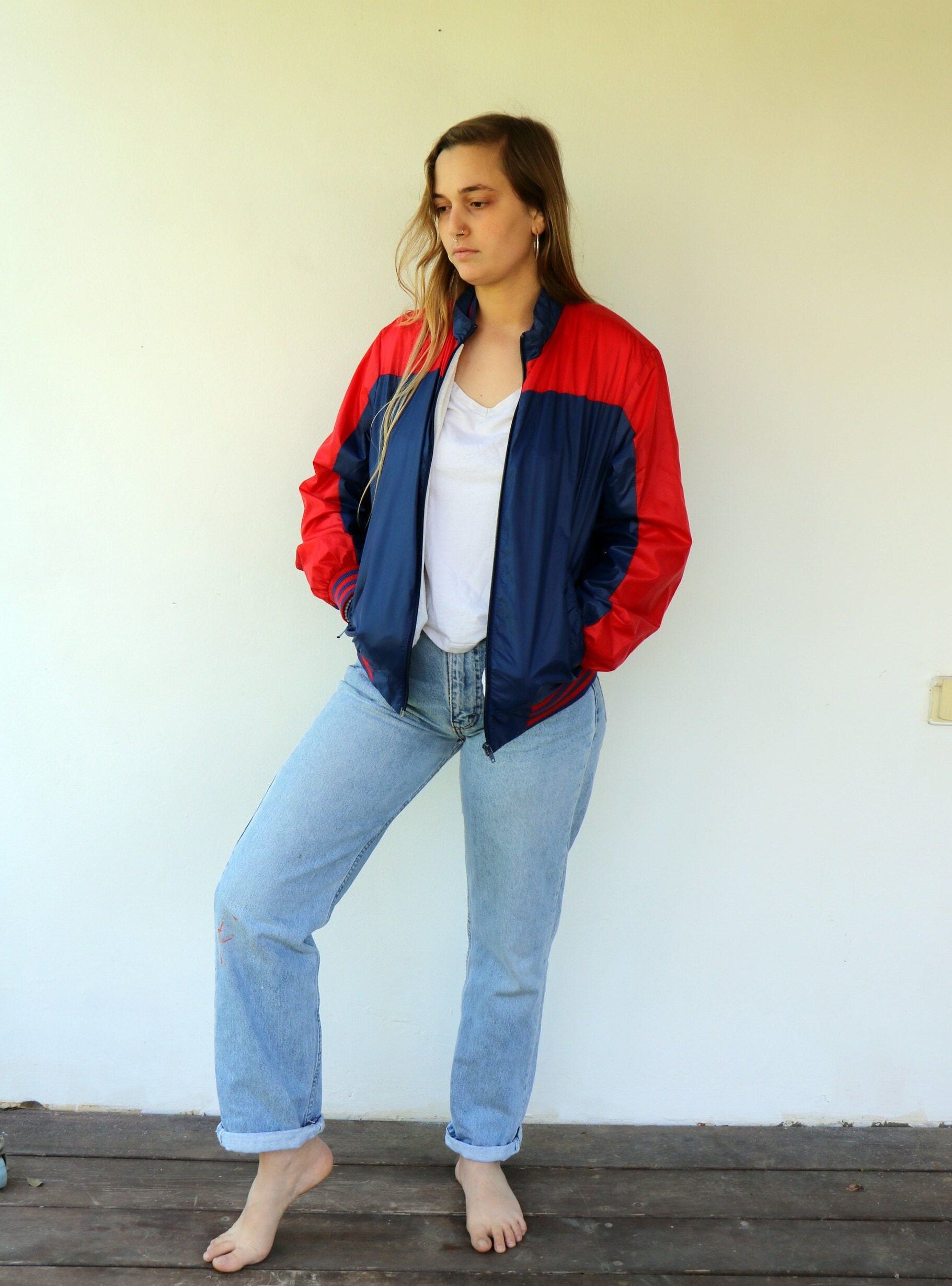 Vintage 80s Red Blue Colorblock Ski Jacket Windbreaker Boho Bomber ...