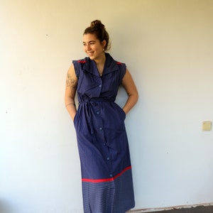 Vintage 70s 80s Polka Dot Maxi Dress, Blue White Red Striped Boho Hippie Belted High Waist Dress with Pockets // One Size