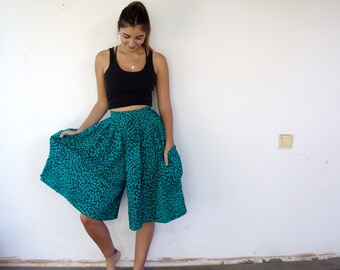 Falda pantalón culottes de cintura alta, Vintage 80s Cheetah Print Turquoise Green Pantskirt Boho Hippy Culottes Wide Leg Palazzo Shorts 1980s // XS/S