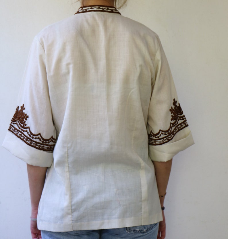 Embroidered Blouse Vintage 70s Off White Embroidered Tunic Boho Hippie Shirt S M