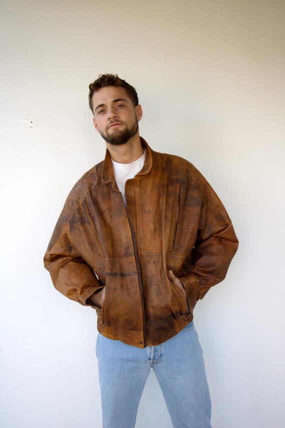 Vintage 90s Brown Leather Bomber Jacket Distressed Patina M L - Etsy