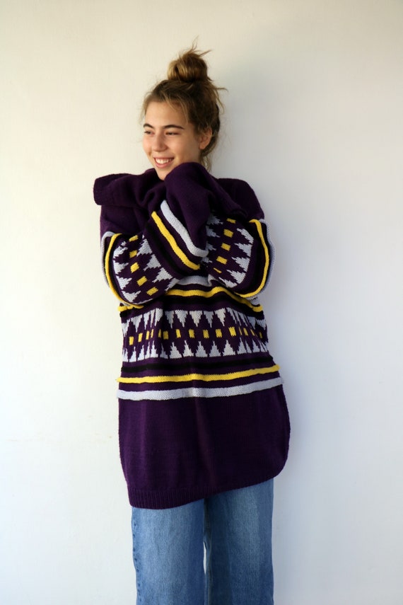Hand Made Oversized Sweater Vintage 80s Knit Boho Hippie Hippy Purple Yellow Dress Blouse Geometric Sweater 90s O.S Etsy Canada