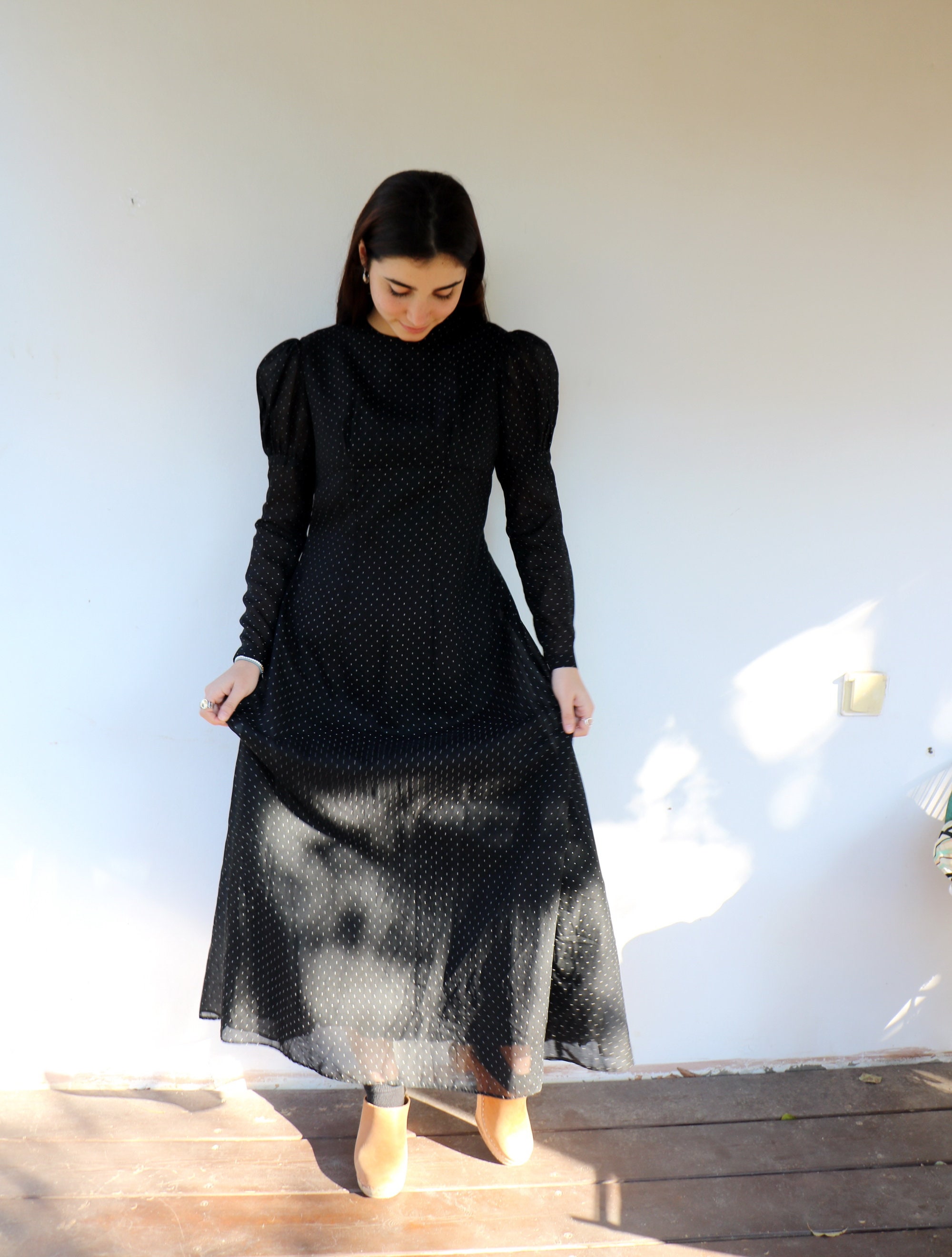 Polka Dot Maxi Dress, Vintage 70s 1970s Black White Boho