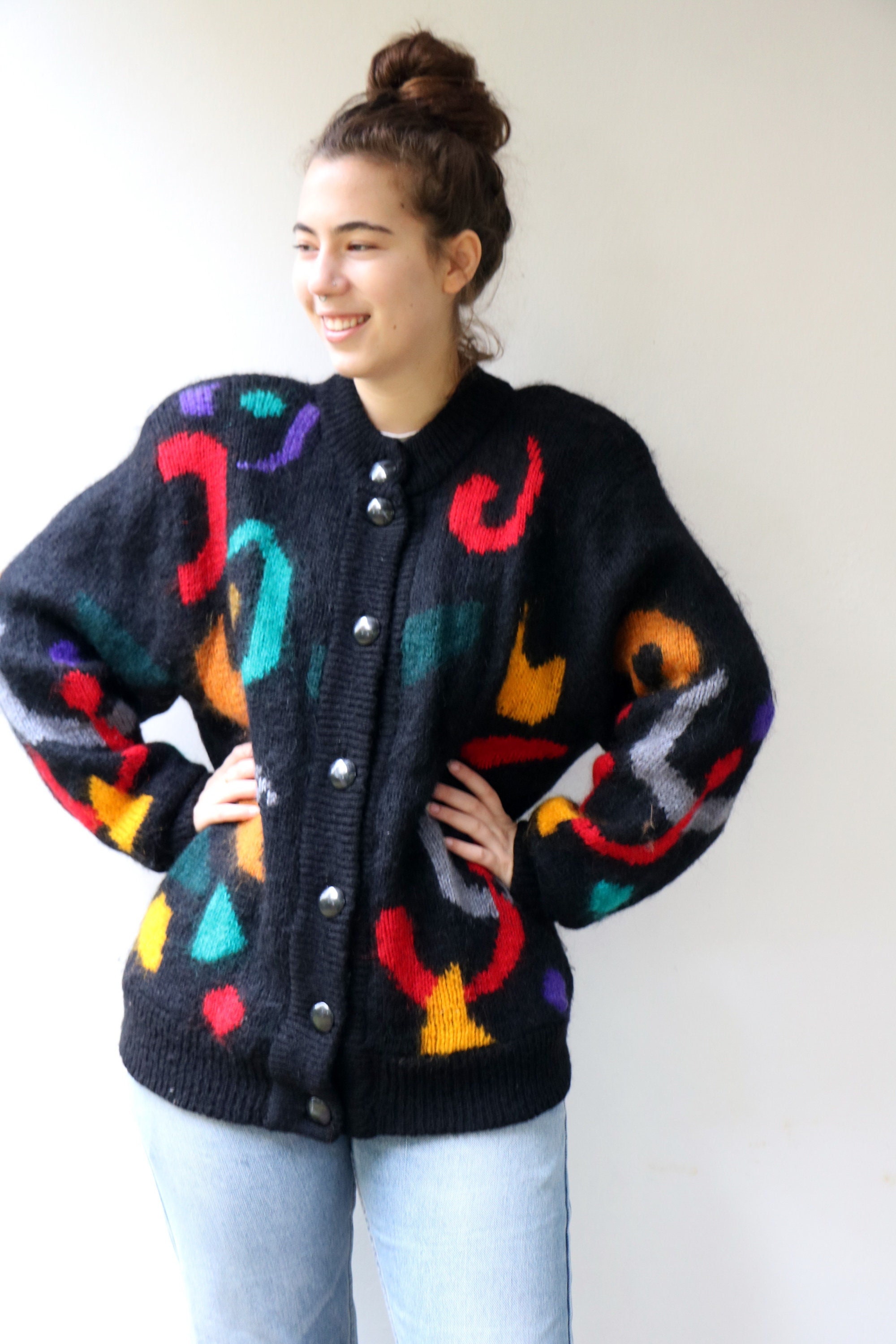 Geometric Mohair Cardigan, Vintage 80s 90s Knit Sweater Boho ...