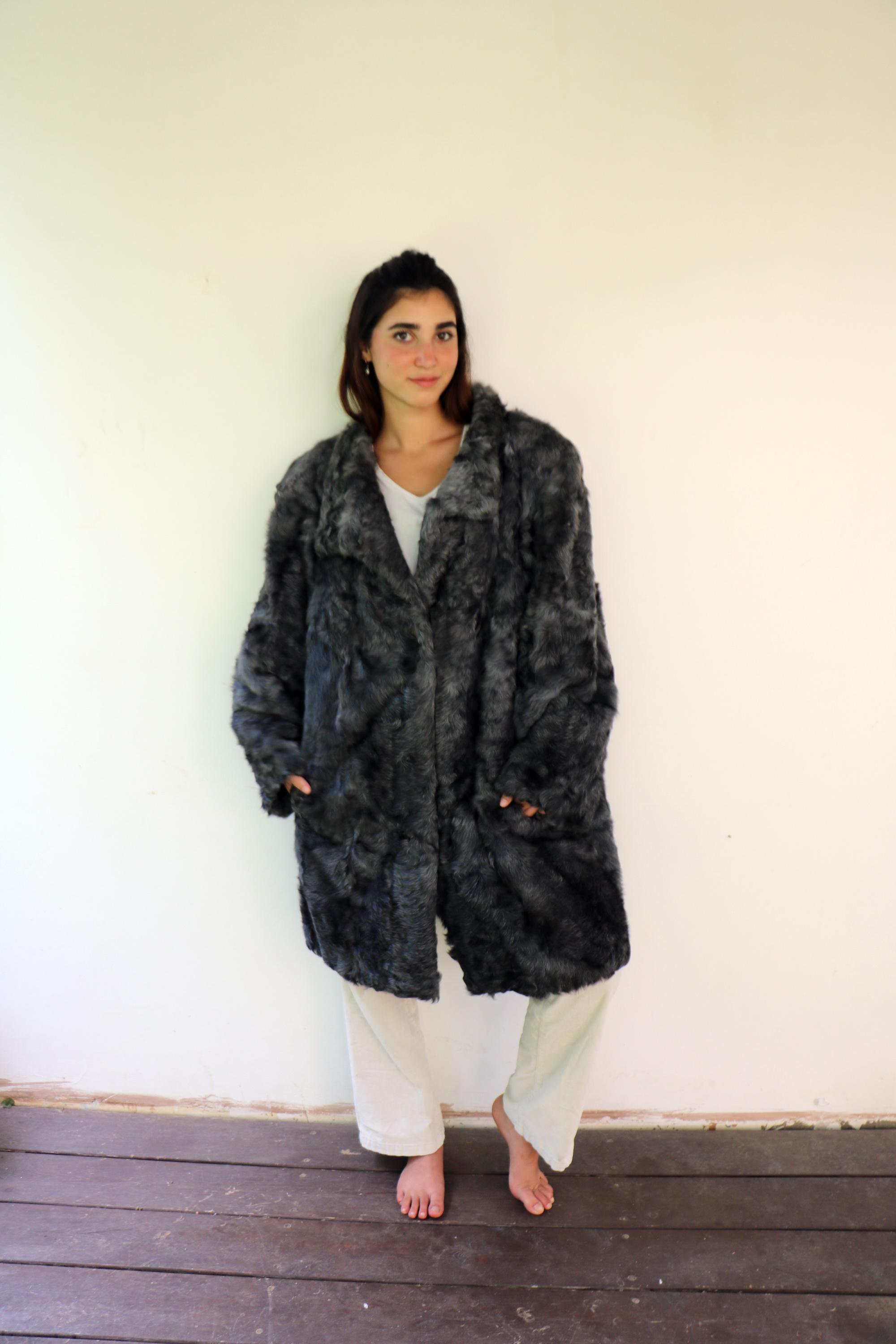 Vintage 70s 80s Gray Faux Fur Coat, Oversized Shaggy Winter Jacket