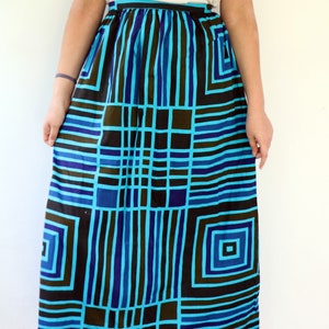 Geometric Skirt, Vintage 70s Boho Hippie Maxi High Waist A Line Striped Squared Blue Brown Cotton Hippy Dress 1970s// S image 7