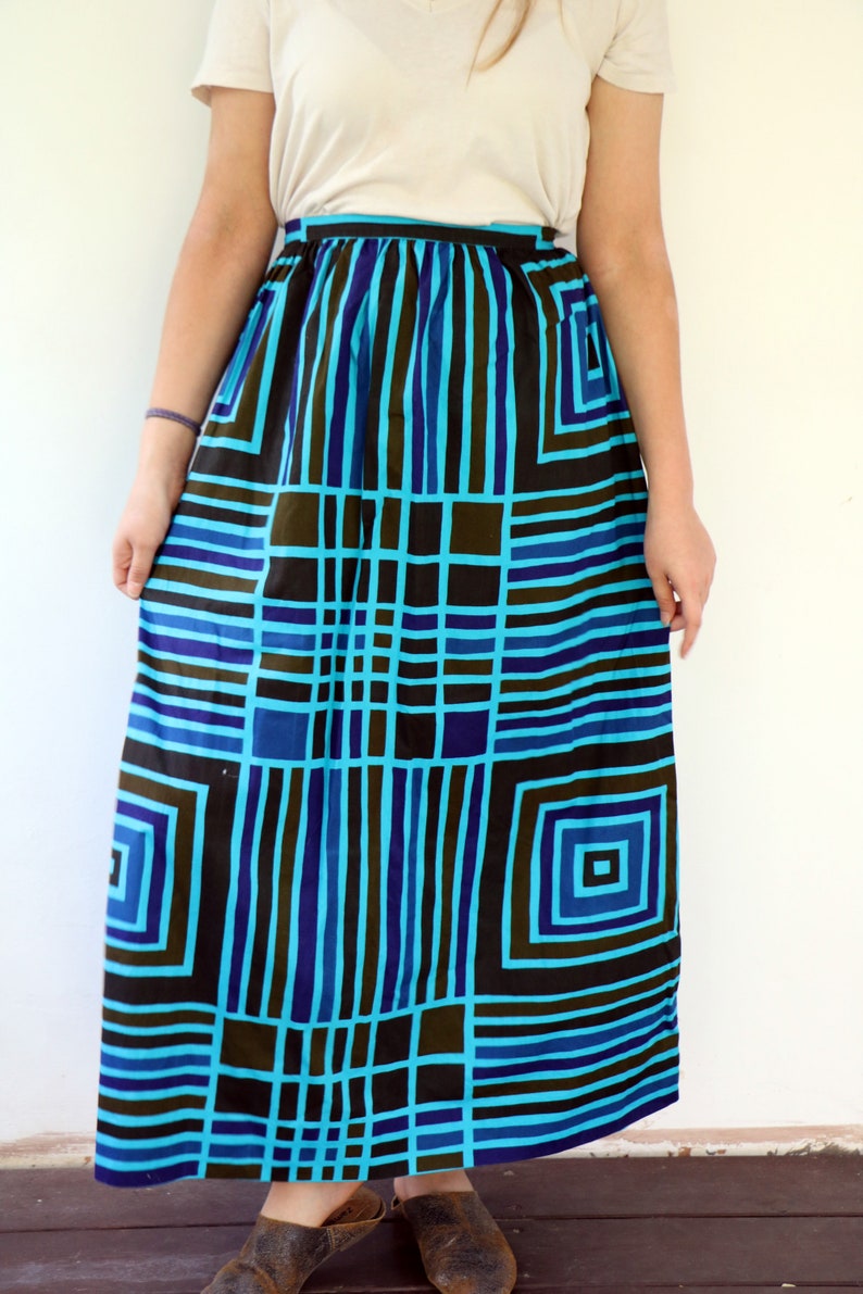 Geometric Skirt, Vintage 70s Boho Hippie Maxi High Waist A Line Striped Squared Blue Brown Cotton Hippy Dress 1970s// S image 7