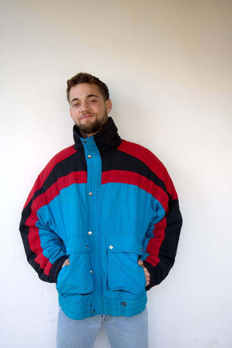 Retro Color Block Jacket Vintage 80s Colorblock Ski Jacket, Blue Red Black Puffer Windbreaker ...