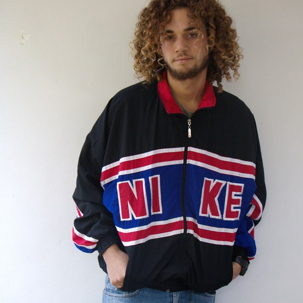 NIKE Windbreaker Jacket , Vintage 80s 90s Embroidered Big Logo Black Red Blue Track Sport Streetwear Bomber Boho Hippie 1980s 1990s // M/L