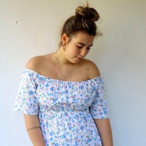 Cottagecore Prairie Dress, Vintage 70s 1970s Boho Hippy Off The Shoulder Floral White Blue Pink Maxi Empire Waist Dress Hippie Cotton // M/L image 1