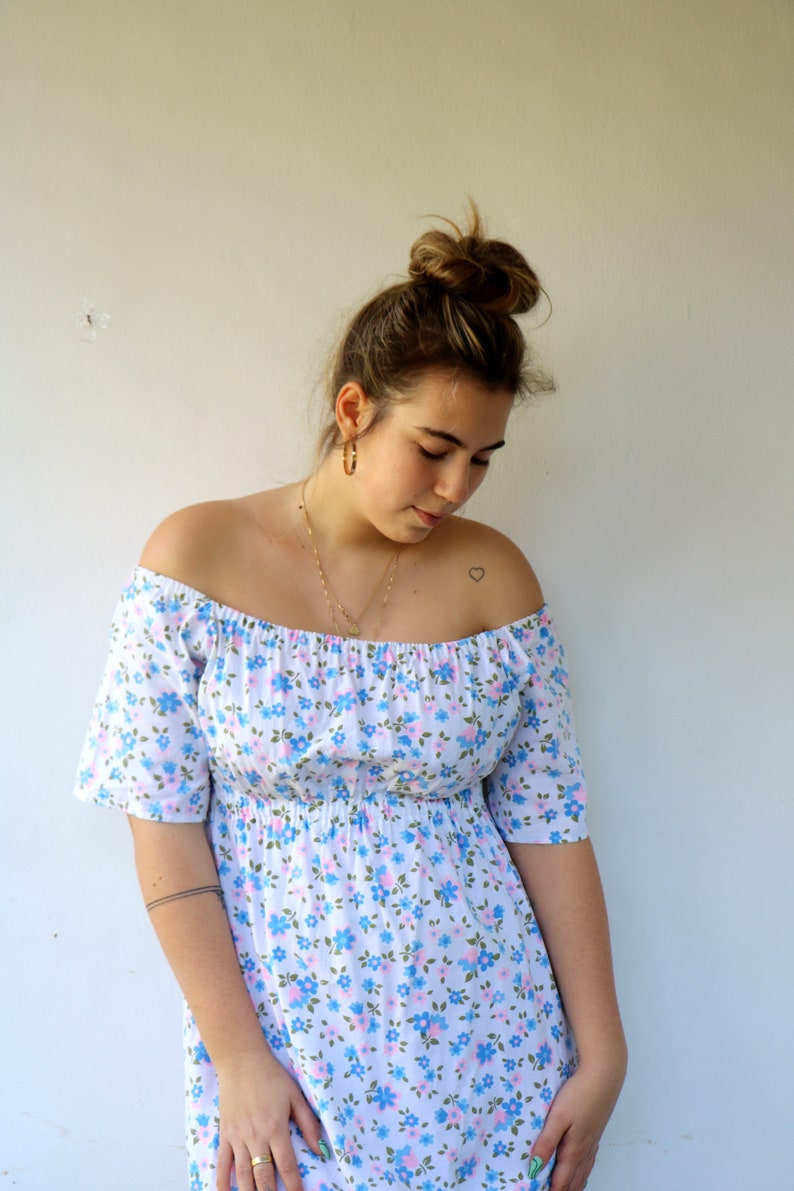 Cottagecore Prairie Dress, Vintage 70s 1970s Boho Hippy Off The Shoulder Floral White Blue Pink Maxi Empire Waist Dress Hippie Cotton // M/L image 1